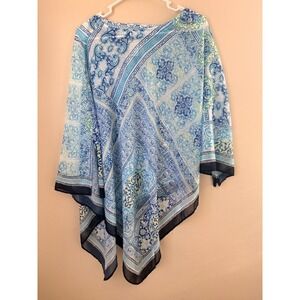Chicos Blue White Medallion Print Kimono Style Asymmetrical S/M‎ Beach Coastal
